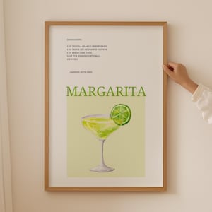 Margarita Print Cocktail Posters, Bar Cart Prints Kitchen Decor, Signature Drinks Green Wall Art, Signature Cocktails Bar Cart Accessories