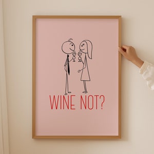Wine Not Wall Art, Pink Art Print Minimalist Kitchen Bar, Cocktail Poster Bar Sign Line Artwork, Wine Pink Posters Aesthetic Decor