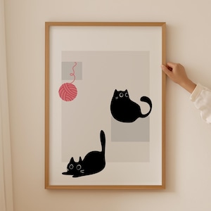 Cute Cat Abstract Art Prints, Black Cat Grey Poster, Geometric Wall Art, Cat Lover Toddler Room Decor, Wall Hangings for Master Bedroom