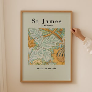 Op de afbeelding: Een ingelijste print van een vintage botanische illustratie met de titel "St. James" van William Morris. De print toont een gedetailleerd ontwerp van gestileerde bladeren en bloemen in tinten groen, geel en blauw op een lichtblauwe achtergrond.