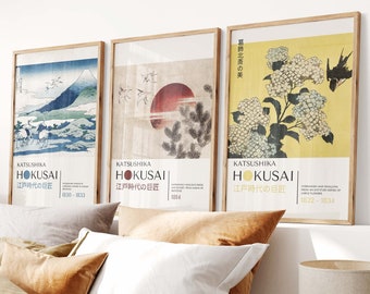 3 Piece Katsushika Hokusai Poster Set - Japanese Wall Art Set, 3 Panel Wall Art Hokusai Print Set, Colorful Hokusai Set, Japandi Home Decor