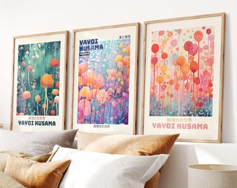 Yayoi Kusama 3 Piece Poster Set - Japanese Wall Art,  Kusama Inspired Art, 3 Piece Wall Art Yayoi Kusama Print, Japanese Gallery Poster Set