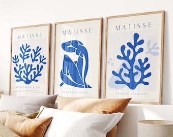 May include: Three framed prints with blue and white abstract art. The prints are titled "MATISSE" and feature the text "PAPIERS DECOUPES" and "BERGGREN & CIE".