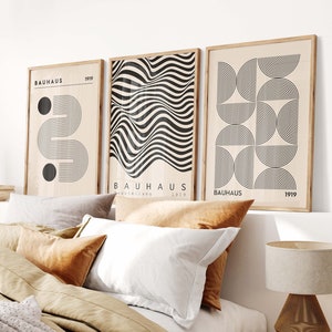 Set di poster Bauhaus in tre pezzi - Arte geometrica, set di stampe Bauhaus come arte da parete in 3 pezzi, decorazione della stanza astratta ed estetica