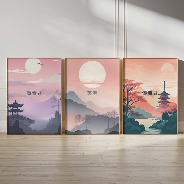 Juego de carteles de Japón | Juego de póster de viaje japonés de 3 | Arte Japonés | Decoración de pared estética con estampado Japandi | Japandi Póster Arte de pared Pastel