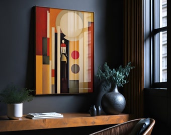 May include: Abstract art print in a gold frame with a geometric design featuring a stylized figure, circles, and rectangles in shades of yellow, red, orange, and gray. The print is hanging on a dark gray wall above a wooden desk with a vase of greenery and a chair.