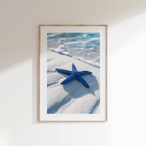 Starfish Sands Poster, Beach House Decor, Calming Neutral Wall Art, Extra Large Ocean Starfish Print, Minimalist Nautical Decor, Blue Art