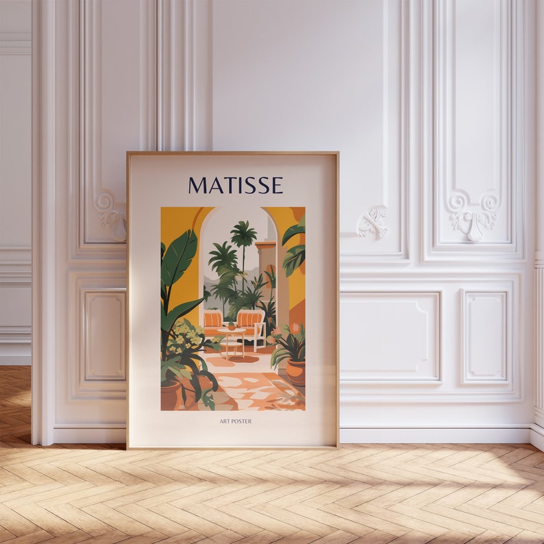 May include: A poster with a yellow background featuring a stylized illustration of a patio with two chairs and a table. The text "MATISSE" is at the top of the poster and "ART POSTER" is at the bottom.