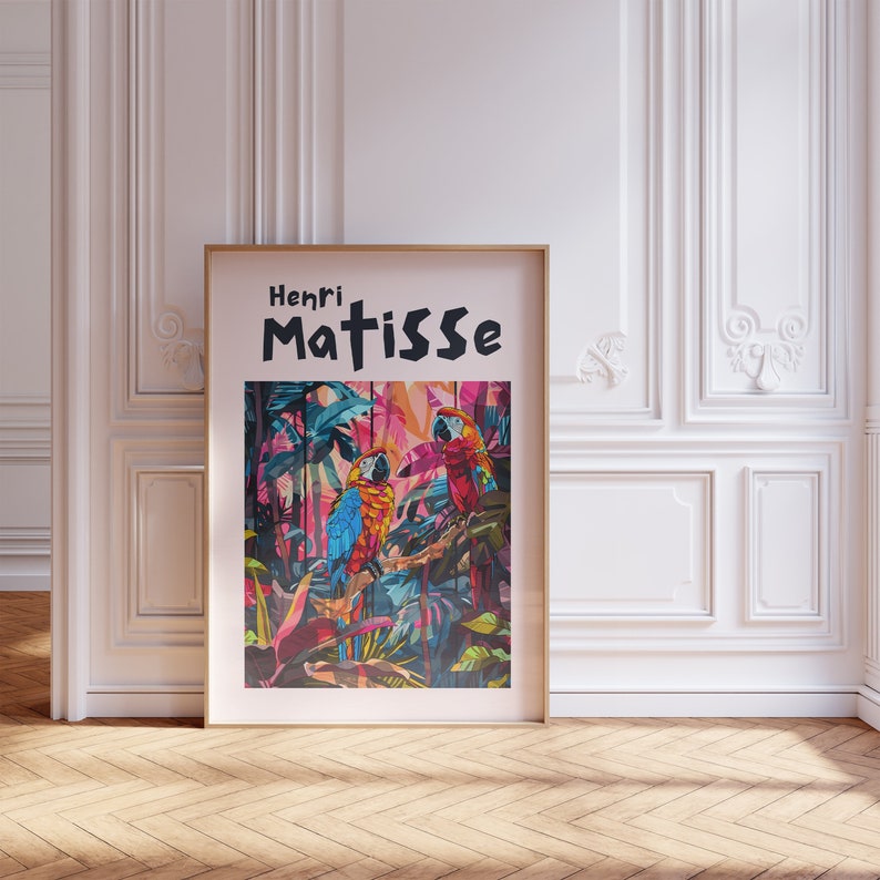 May include: A framed poster with a colorful illustration of two parrots in a jungle setting. The poster features the text "Henri Matisse" in black lettering.