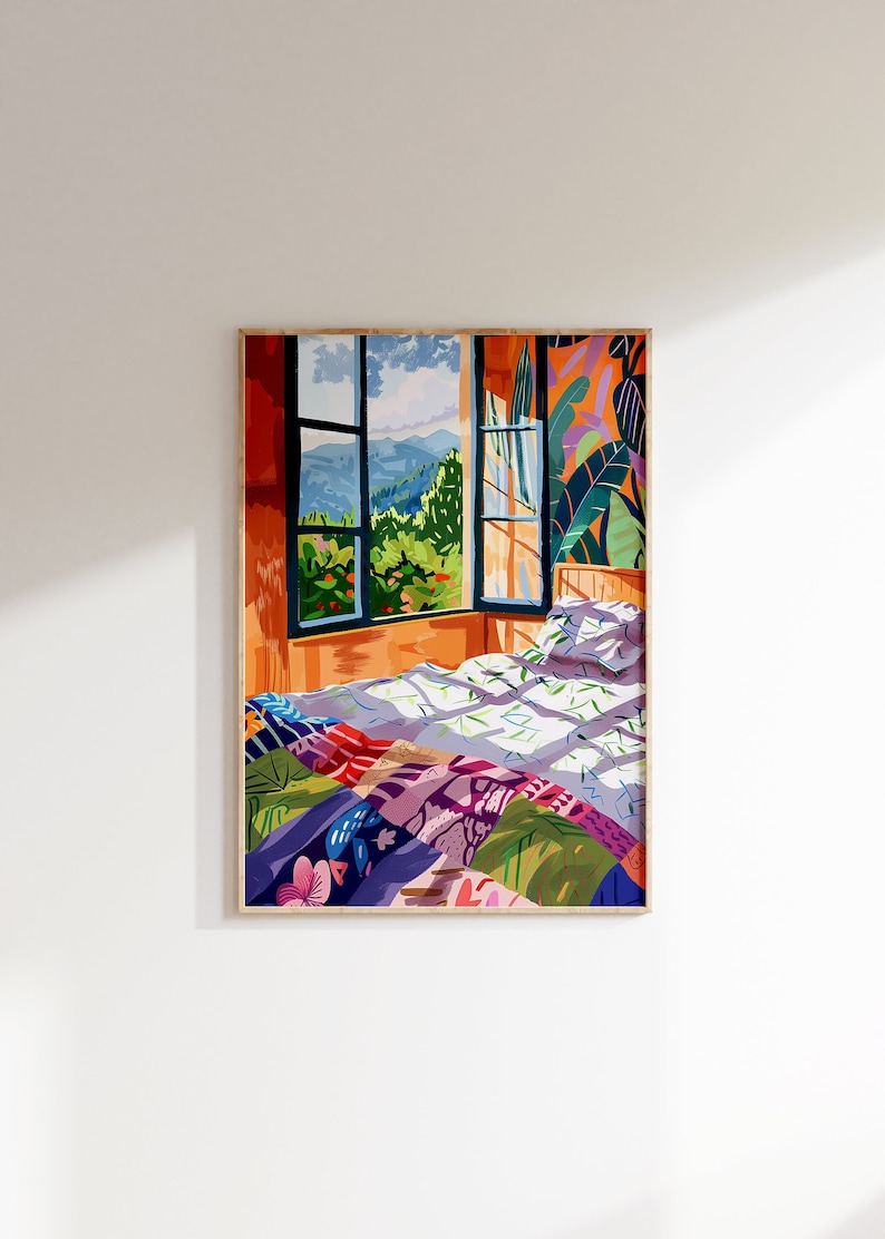 May include: A painting of a bedroom with a window overlooking a lush green landscape. The bed is covered with a colorful patchwork quilt and white sheets. The walls are painted a warm orange color and there are green plants in the room.