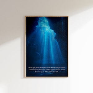 Profundidades azules, decoración de la casa de playa, arte de pared neutral calmante, cartel oceánico extra grande, decoración náutica minimalista, cartel de viaje de arte de pared azul