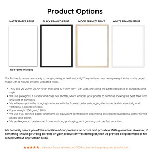 Image showing product options for framed and unframed posters, including Matte Paper Print, Black Framed Print, Wood Framed Print, and White Framed Print. Each frame option is highlighted with details on thickness, durability, and materials used.