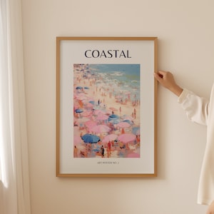 Impression océan rose côtier, art mural aquarelle pour la décoration de la maison de plage, affiche encadrée pour la décoration de la chambre de plage, cadeaux pour adolescentes