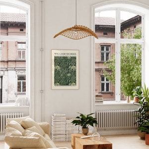 Peut inclure: Une pi&egrave;ce blanche avec deux grandes fen&ecirc;tres, un canap&eacute; beige, une table basse, une pile de livres, une plante en pot et un luminaire suspendu. Un poster encadr&eacute; avec le texte "WILLIAM MORRIS" est accroch&eacute; au mur.