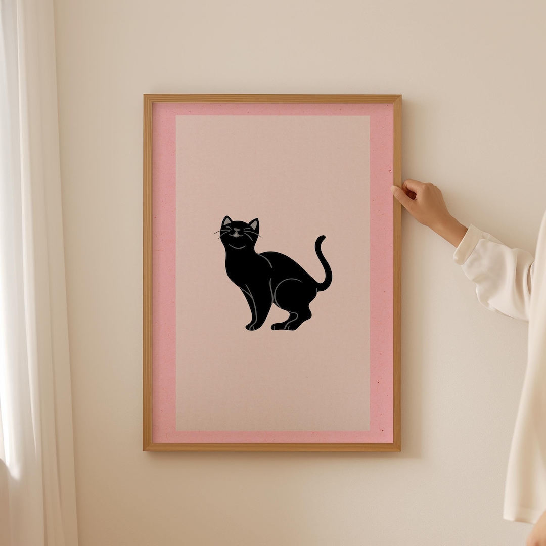 Cute Black Cat Wall Art, Pink Poster Cat Portrait, Animal Prints ...