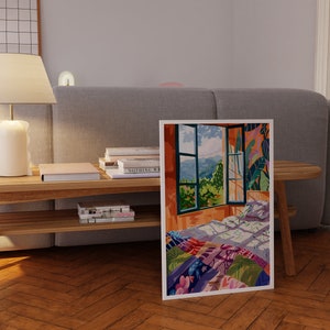 May include: A colorful painting of a bedroom with a window overlooking a lush green landscape. The bed is covered with a patchwork quilt in shades of blue, green, pink, and purple. The window is open, and the curtains are drawn back to reveal the view.