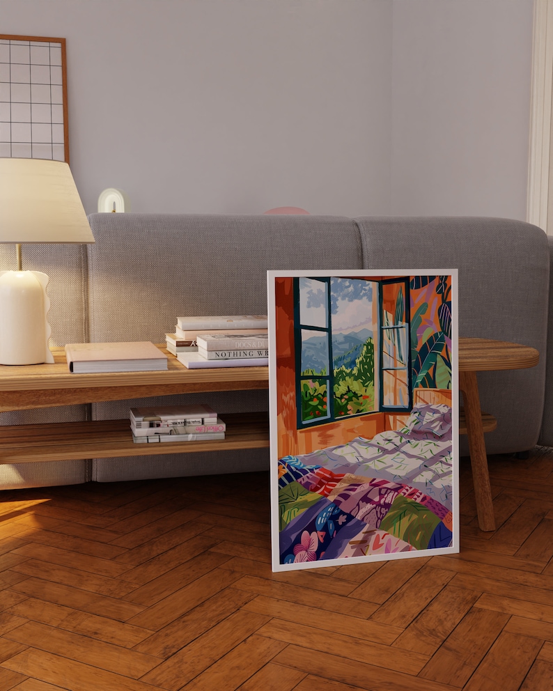 May include: A colorful painting of a bedroom with a window overlooking a lush green landscape. The bed is covered with a patchwork quilt in shades of blue, green, pink, and purple. The window is open, and the curtains are drawn back to reveal the view.