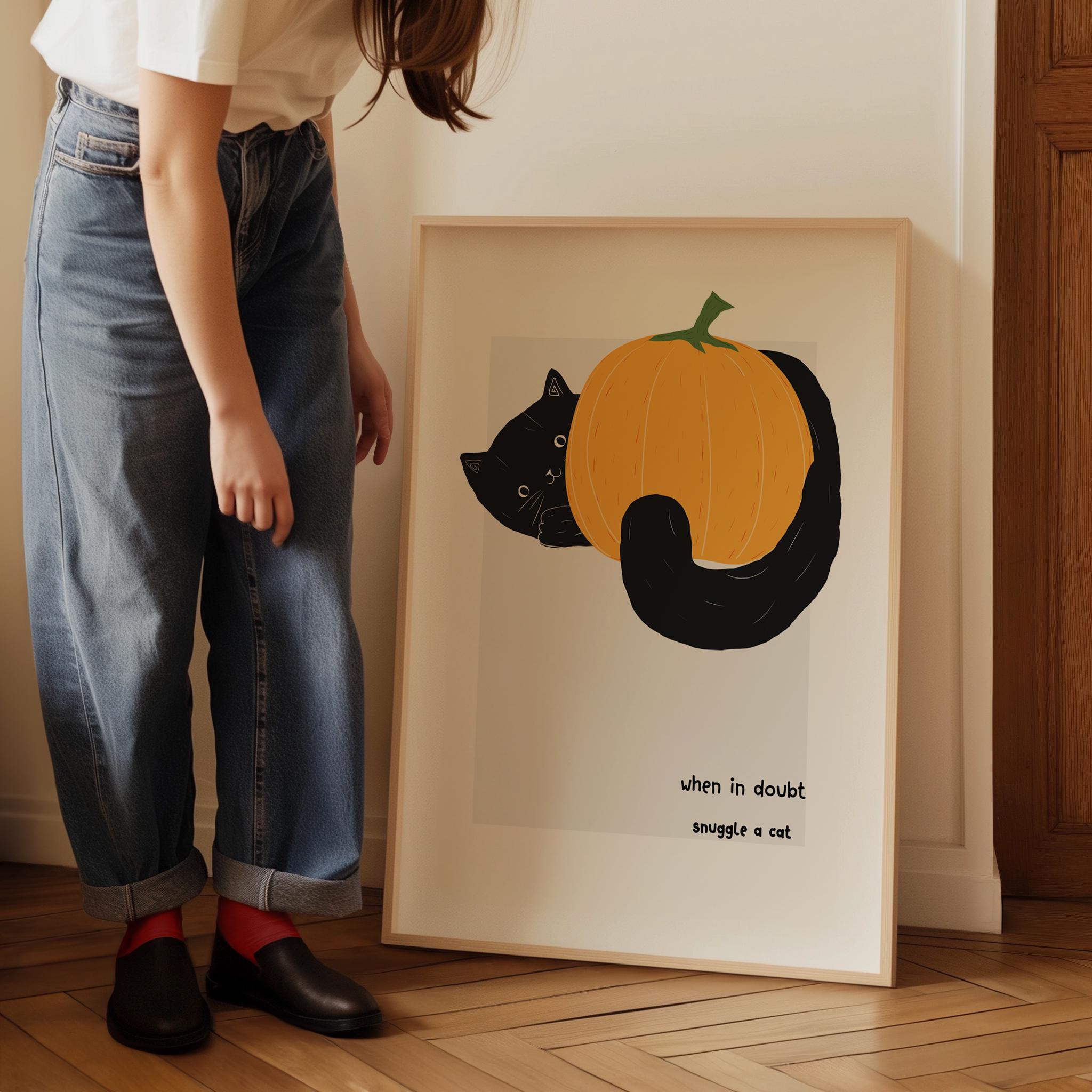 Black Cat Art Halloween Poster, Pumpkin Print Halloween Wall Decor ...