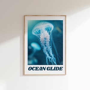 Ocean Glide Jellyfish Poster, Beach House Decor, Calming Neutral Wall Art, Extra Large Ocean Print, Minimalist Nautical Decor, Blue Wall Art