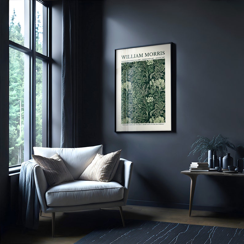 Peut inclure: Une affiche encadr&eacute;e noire avec un motif floral vert et blanc. L'affiche porte le texte "WILLIAM MORRIS" en haut.