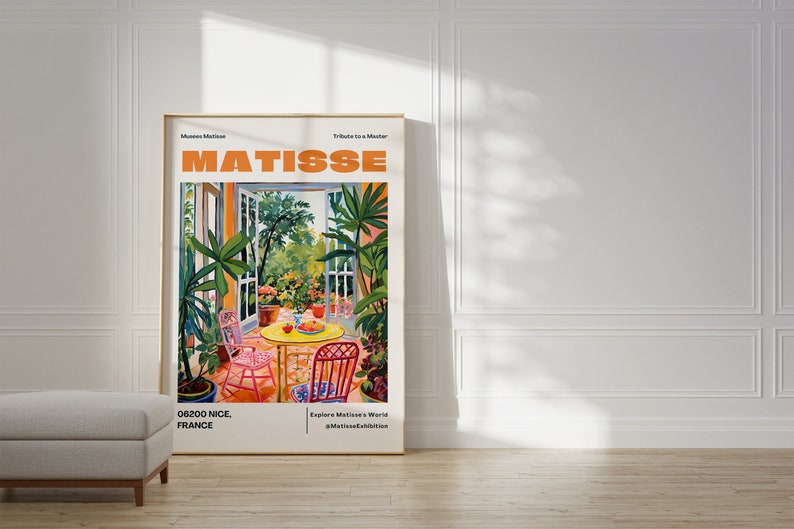May include: A poster advertising an exhibition of Matisse's work at the Musee Matisse in Nice, France. The poster features a colorful painting of a room with a table and chairs, and the text "MATISSE" in large, orange letters.