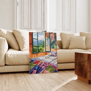 May include: A painting of a bedroom with a window overlooking a lush green mountain landscape. The bed is covered with a colorful patchwork quilt and a white sheet. The room is painted in warm, earthy tones.