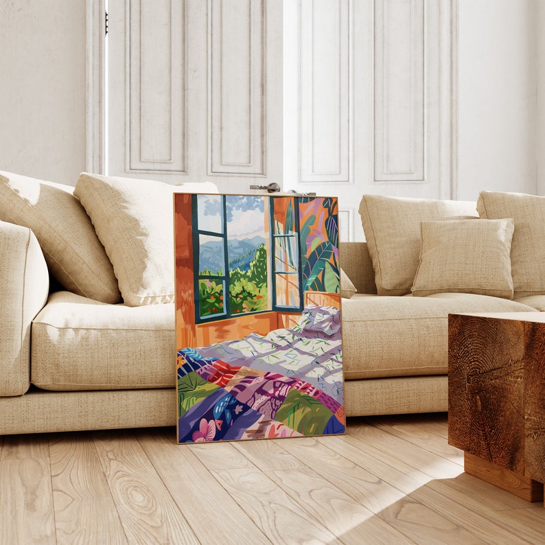 May include: A painting of a bedroom with a window overlooking a lush green mountain landscape. The bed is covered with a colorful patchwork quilt and a white sheet. The room is painted in warm, earthy tones.