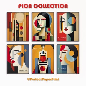 Puede incluir: Un conjunto de seis impresiones de arte inspiradas en la Bauhaus que presentan formas geom&eacute;tricas y rostros abstractos en una paleta de colores llamativos de rojo, amarillo, azul y negro. Las impresiones est&aacute;n enmarcadas en negro y tienen el texto "Bauhaus" y "Pica Collection" en ellas.