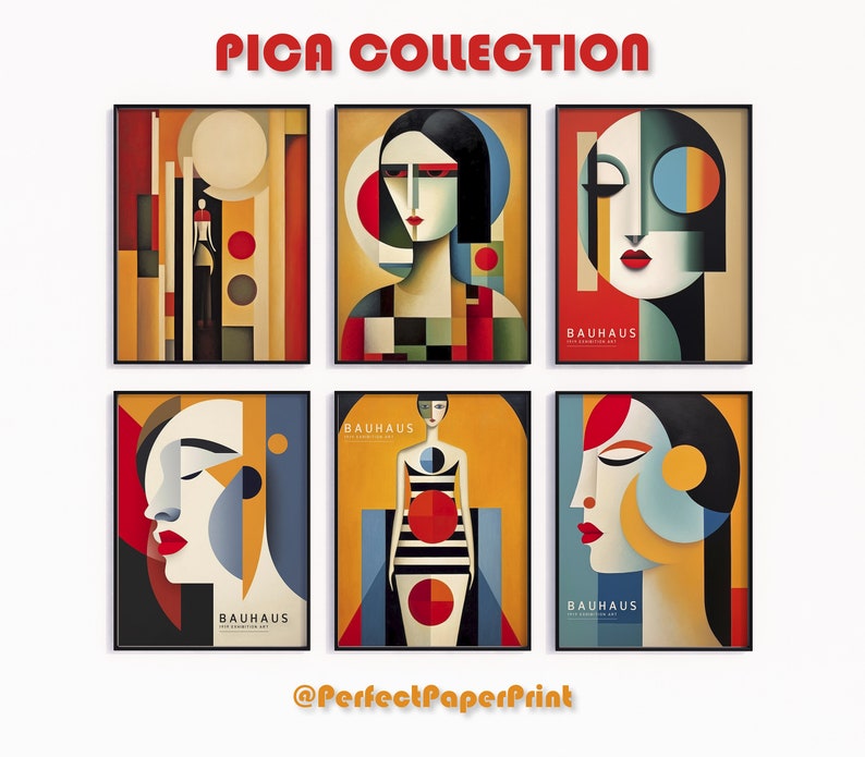 Puede incluir: Un conjunto de seis impresiones de arte inspiradas en la Bauhaus que presentan formas geom&eacute;tricas y rostros abstractos en una paleta de colores llamativos de rojo, amarillo, azul y negro. Las impresiones est&aacute;n enmarcadas en negro y tienen el texto "Bauhaus" y "Pica Collection" en ellas.