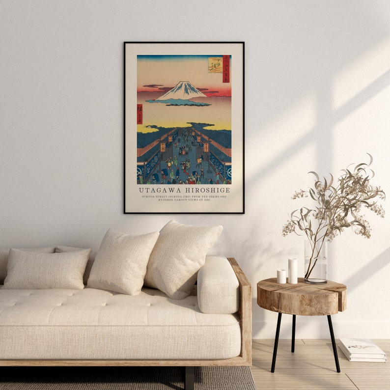 May include: A vintage Japanese woodblock print of Mount Fuji with a bustling street scene in the foreground. The print is titled "Utagawa Hiroshige" and features the text "Suruga Street (Honjo) as seen from the bridge one by modern famous view of Edo."