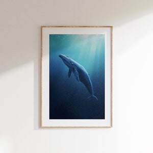 Majestic Blue Whale Poster, Beach House Decor, Calming Neutral Wall Art, Extra Large Ocean Print, Minimalist Nautical Decor, Blue Wall Art
