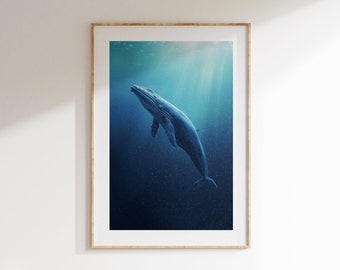 Majestic Blue Whale Poster, Beach House Decor, Calming Neutral Wall Art, Extra Large Ocean Print, Minimalist Nautical Decor, Blue Wall Art