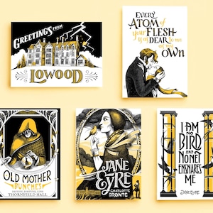 Jane Eyre Postkarten, Illustrationen und Zitate aus dem Roman von Charlotte Bronte (5er-Set), literarische Postkarten