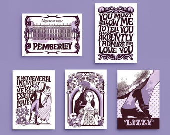 Pride and Prejudice Art, set of 5 illustrated cards with quotes. Il Cartavolante Postcards