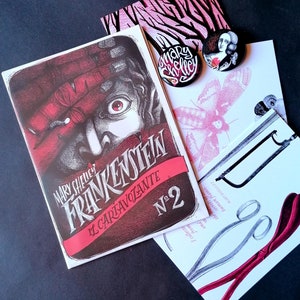 Set dedicato a Fankenstein di Mary Shelley: Set di cartoline (5 cartoline illustrate), 2 spille e Il Cartavolante di Frankenstein