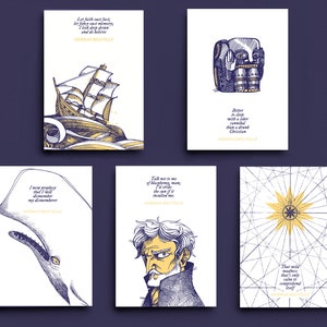Moby Dick: set di 5 cartoline con illustrazioni e citazioni dal romanzo di Herman Melville (set di 5), balena bianca