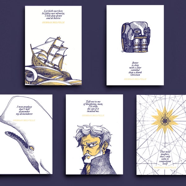 Moby Dick: 5er-Set Postkarten mit Illustrationen und Zitaten aus dem Roman von Herman Melville (5er-Set), weißer Wal Art