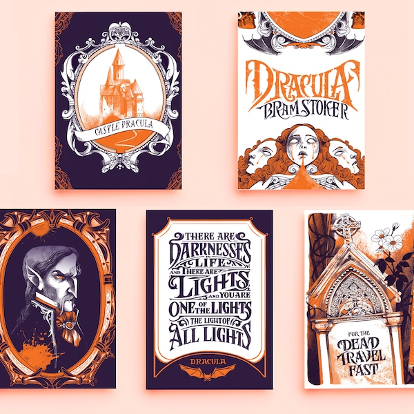 Dracula Art, ensemble de 5 cartes illustrées avec des citations. Cartes postales Il Cartavolante