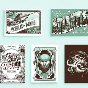Set di 5 Cartoline Illustrate dedicate a 20.000 leghe sotto i mari di Jules Verne