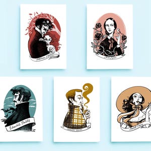 Set di 5 Cartoline Letterarie: Sherlock Holmes, Scarlett O'Hara, Jane Eyre, Conte di Montecristo e Catherine e Heathcliff di Cime Tempestose