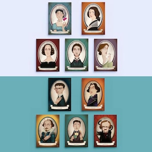 10 ritratti autori e autrici: Jane Austen, Woolf, Shelley, Bronte, Dickinson, Wilde, Kafka, Shakespeare, Proust, Poe cartoline illustrate