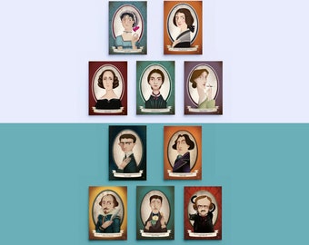 10 ritratti autori e autrici: Jane Austen, Woolf, Shelley, Bronte, Dickinson, Wilde, Kafka, Shakespeare, Proust, Poe cartoline illustrate