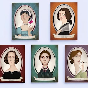 5 ritratti, donne e letteratura -Austen, Woolf, Shelley, Bronte e Dickinson - cartoline illustrate