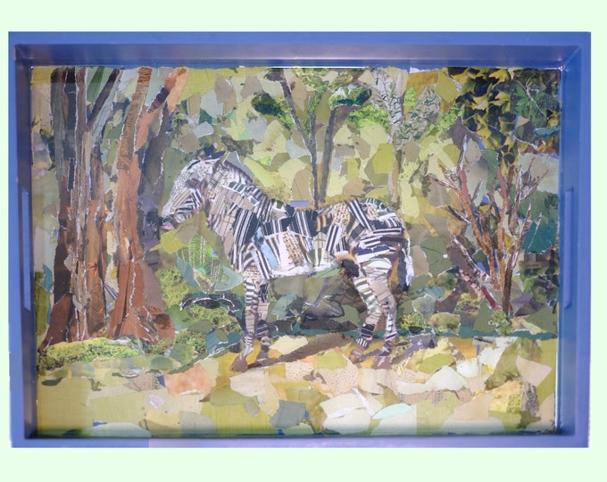 Featured listing image: Zebra Serving Tray - Original Torn paper Painting under resin
