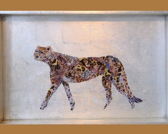 Cheetah Silver Lacquer Serving Tray - Original Torn paper Painting under resin Leopard