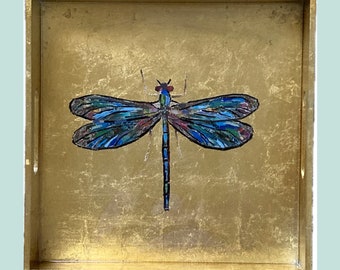 Dragonfly Decorative Gold Serving Tray - Original Torn paper Painting under resin