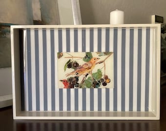 White Lacquer Bird Decorative Striped Serving Tray - Original Torn paper Painting under resin