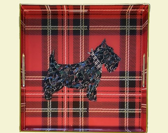 Scottie Dog Tray - Original Torn Paper Painting under resin Scottish Terrier Tartan Plaid Art