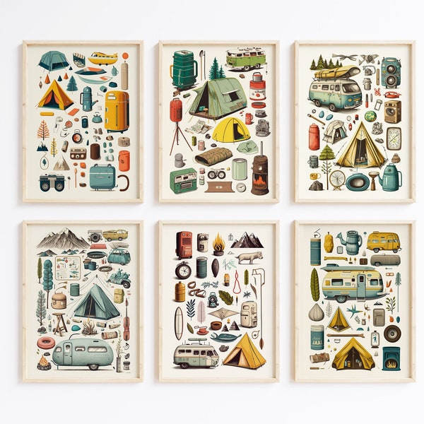 Retro camping wall art print, set of 6 prints, dorm room decor, nature wall art, outdoor decor, camping poster, vintage wall art, digital