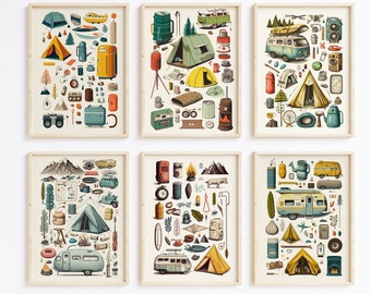 Retro camping wall art print, set of 6 prints, dorm room decor, nature wall art, outdoor decor, camping poster, vintage wall art, digital